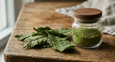 Getrocknete Kratom-Blätter und grünes Kratom-Pulver in einem Glas auf Holzoberfläche
