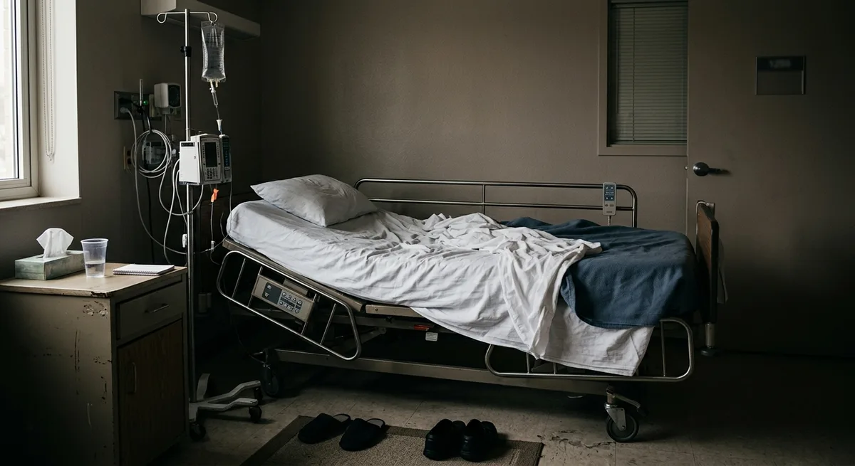 Person sitzt allein auf Krankenhausbett, Kopf gesenkt, symbolisiert Entzugssymptome und Abhängigkeit