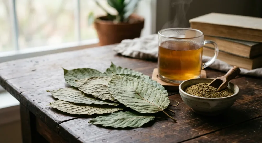 Getrocknete Kratom-Blätter, grünes Pulver und Kräutertee auf dunklem Holz