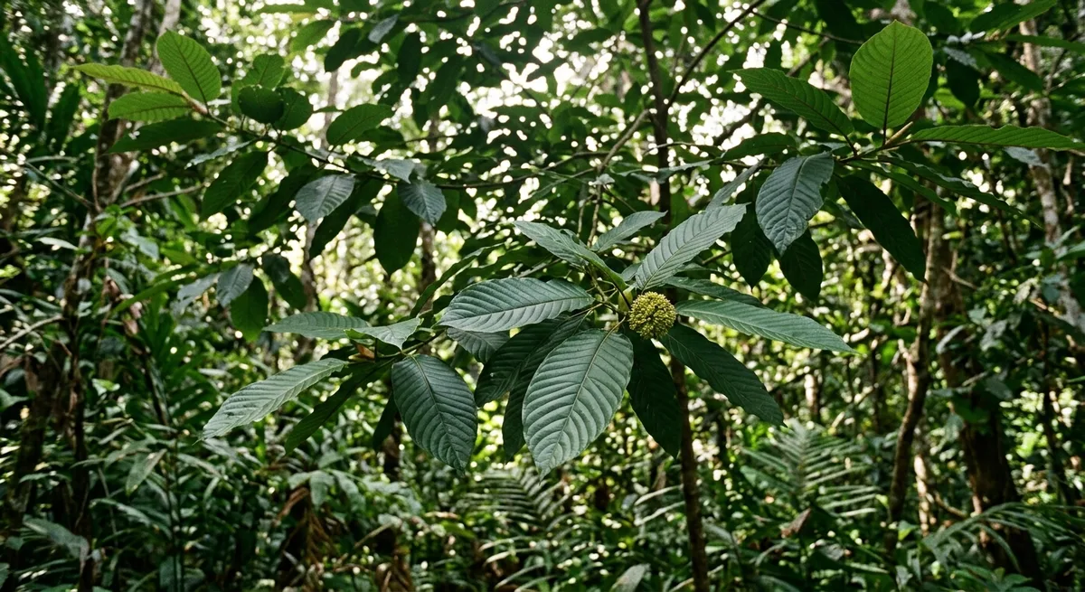 Tropischer Mitragyna speciosa Baum mit glänzenden grünen Blättern in südostasiatischem Regenwald