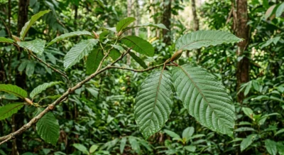 Kratom Pflanze (Mitragyna speciosa) mit glänzenden dunkelgrünen Blättern und roten Blattadern