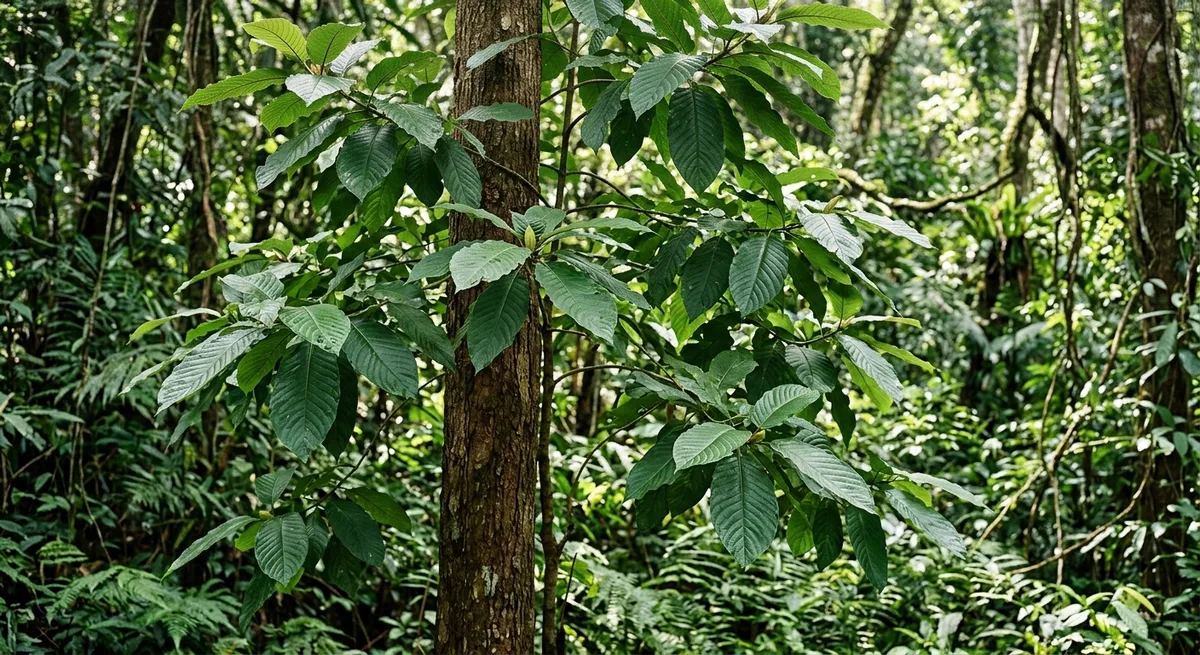Mitragyna speciosa Baum mit glänzenden grünen Blättern in tropischem Regenwald Südostasiens