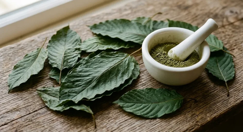 Getrocknete Kratom-Blätter und grünes Kratom-Pulver auf Holzuntergrund
