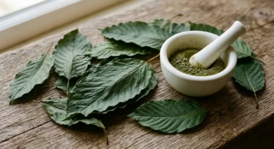 Getrocknete Kratom-Blätter und grünes Kratom-Pulver auf Holzuntergrund