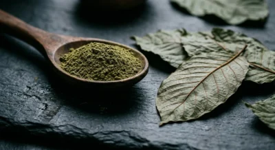 Getrocknetes Kratom-Pulver in einem Holzloeffel neben Kratom-Blaettern auf dunklem Untergrund