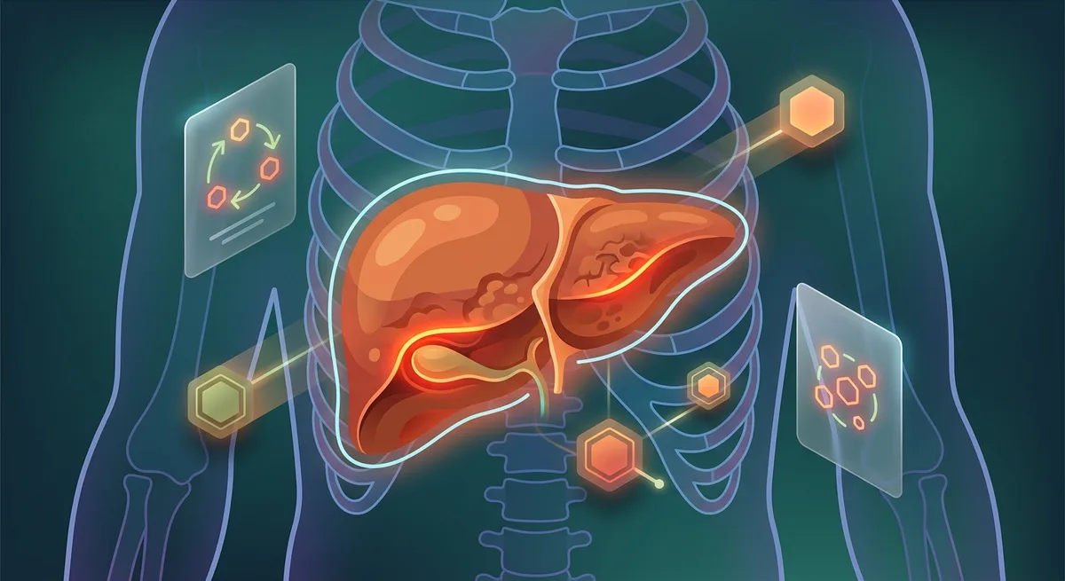 Medizinische Illustration einer entzuendeten Leber mit sichtbaren Schaedigungszeichen in Rot und Orange