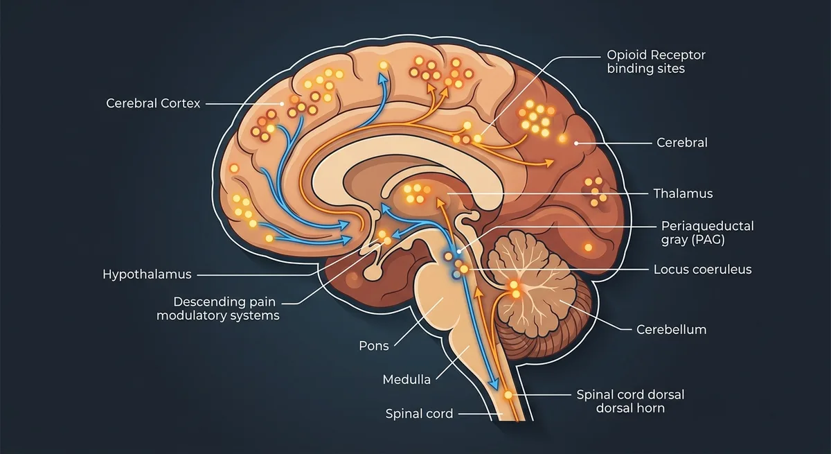 Medizinische Illustration eines Gehirns mit hervorgehobenen Opioid-Rezeptorbindungsstellen als leuchtende Knotenpunkte