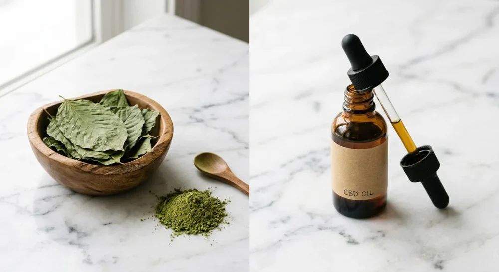 Kratom-Blätter und Pulver in einer Holzschale neben einem CBD-Öl-Fläschchen auf weißem Marmor
