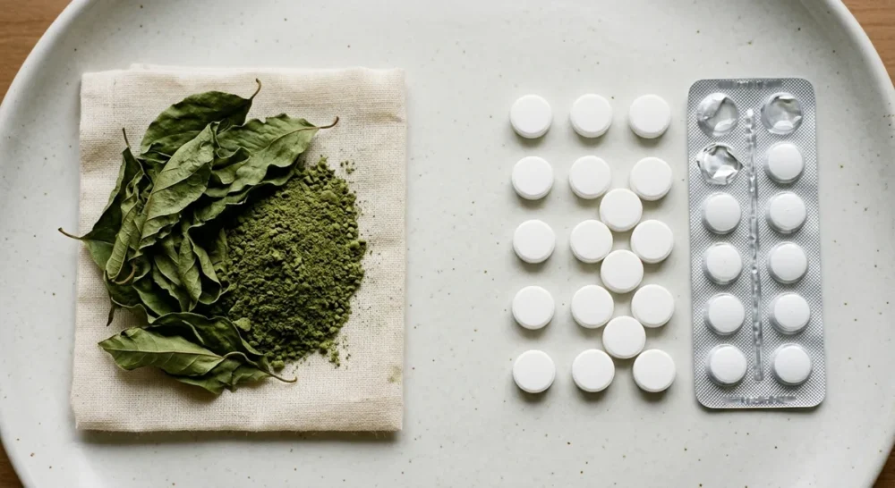Getrocknete Kratom-Blätter und grünes Pulver neben weißen Tabletten auf weißem Untergrund