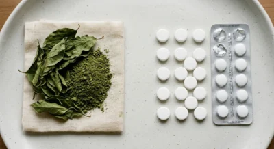 Getrocknete Kratom-Blätter und grünes Pulver neben weißen Tabletten auf weißem Untergrund