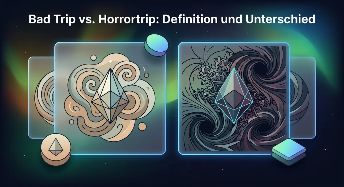 Illustration zweier Zustände: links leichte Unruhe mit milden Mustern, rechts intensive Panik mit chaotischen dunklen Wirbeln