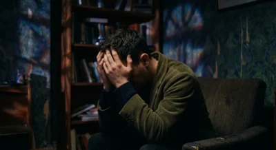 Person sitzt allein in abgedunkeltem Raum mit Kopf in den Händen, dramatische Schatten und verzerrte Lichtmuster