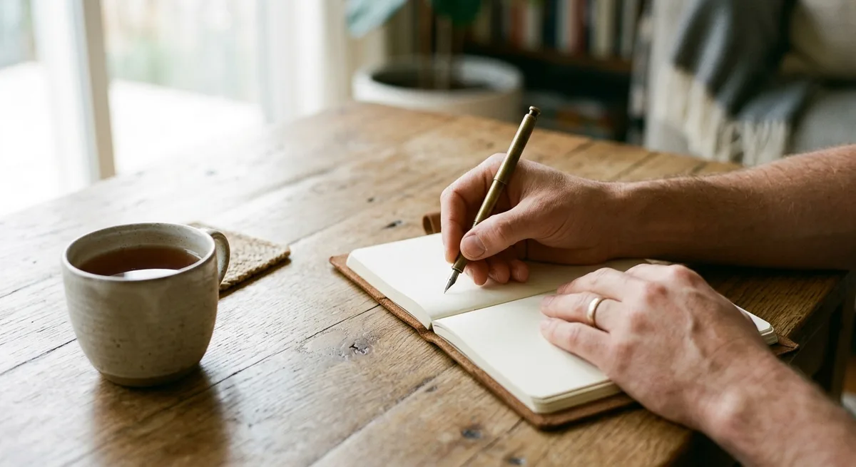 Person schreibt in ein Notizbuch am Fenster bei Tageslicht, eine Tasse Tee daneben