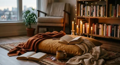 Person sitzt entspannt auf einem Kissen in einem ruhig beleuchteten, mit Kerzen dekorierten Wohnzimmer