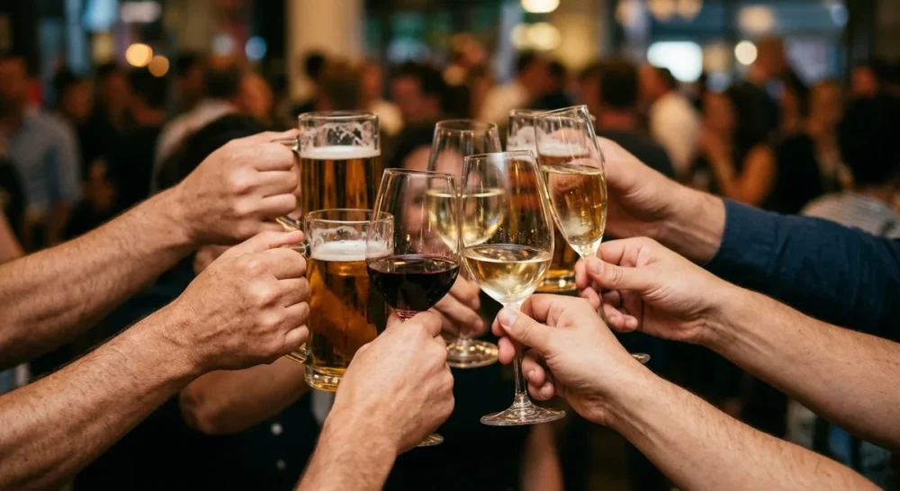 Mehrere Hände stoßen mit Bier, Wein und Sekt an – gesellschaftliche Normalisierung von Alkohol
