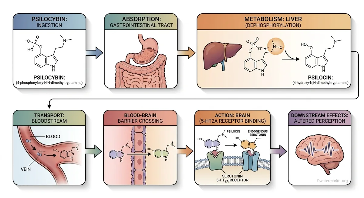 Illustration des Stoffwechselwegs von Psilocybin zu Psilocin und Bindung an Serotoninrezeptor