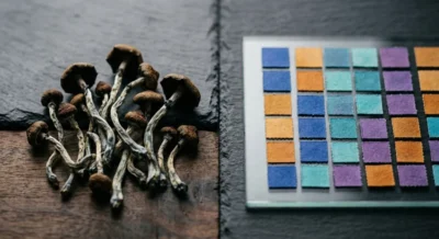 Getrocknete Psilocybin-Pilze und LSD-Blotter nebeneinander auf dunklem Untergrund
