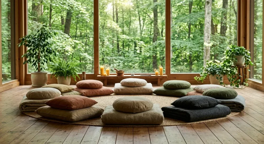 Ruhiger Meditationsraum mit Kissen im Kreis, Kerzenlicht und Blick auf einen grünen Wald