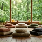 Ruhiger Meditationsraum mit Kissen im Kreis, Kerzenlicht und Blick auf einen grünen Wald