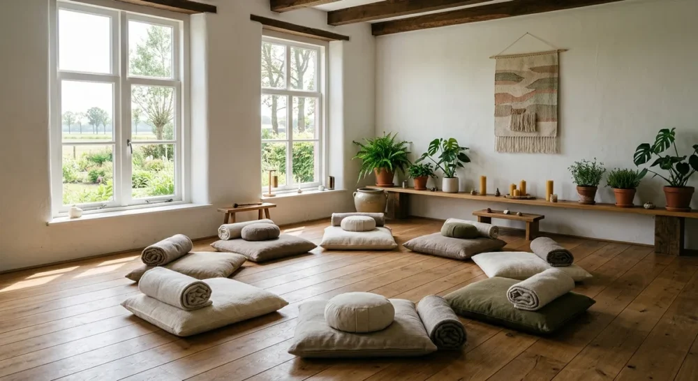 Ruhiger, hell erleuchteter Meditationsraum in einem Retreat-Zentrum mit Kissen und Decken