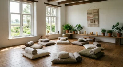 Ruhiger, hell erleuchteter Meditationsraum in einem Retreat-Zentrum mit Kissen und Decken