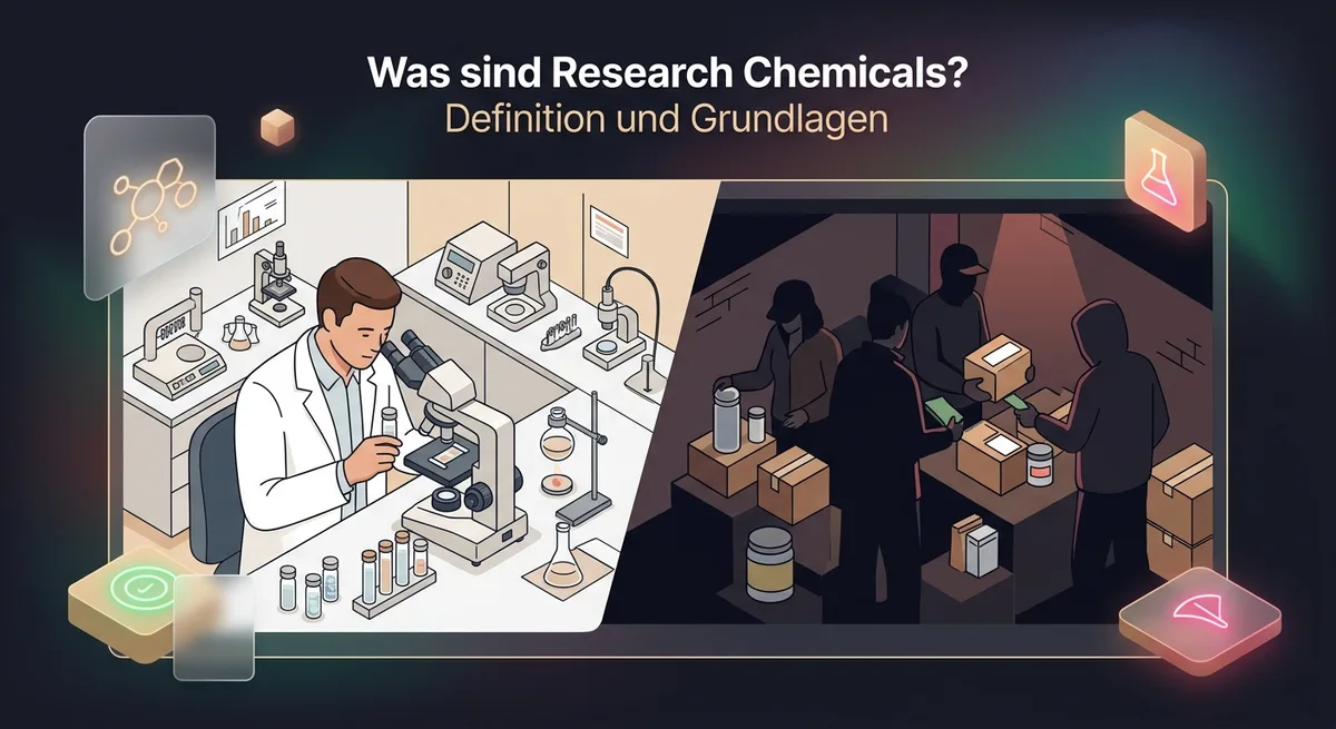 Wissenschaftliches Labor mit Chemikalien auf einer Seite, dunkler Schwarzmarkt auf der anderen