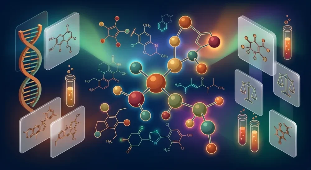 Bunte 3D-Molekuelstrukturen synthetischer Verbindungen vor dunklem Laborhintergrund