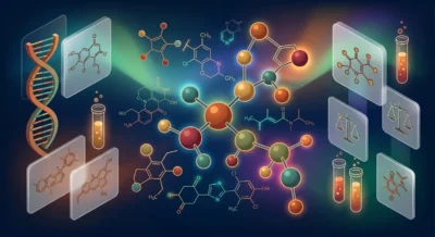 Bunte 3D-Molekuelstrukturen synthetischer Verbindungen vor dunklem Laborhintergrund