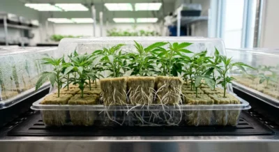 Cannabis-Stecklinge in Steinwollwürfeln mit sichtbaren weißen Wurzeln unter einem Humidity Dome