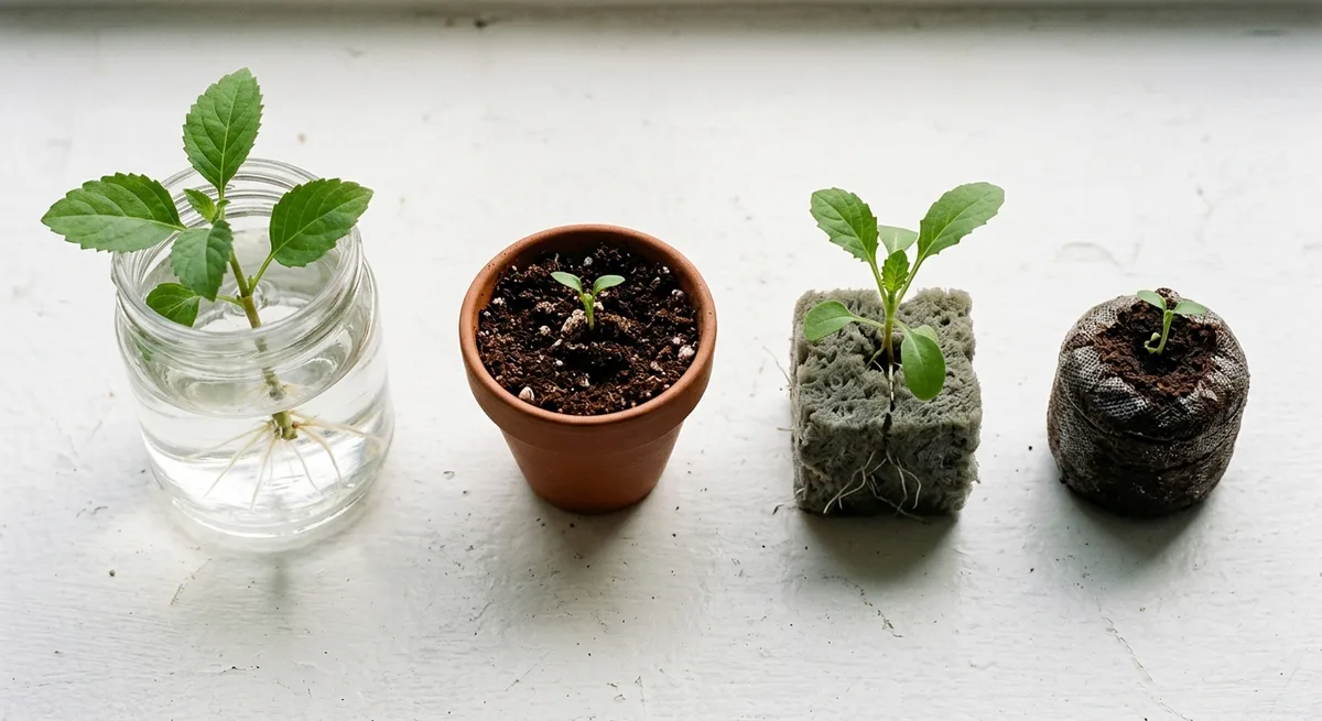 Vier Bewurzelungsmethoden nebeneinander: Wasserglas, Erde, Steinwollwürfel und Jiffy-Pellet