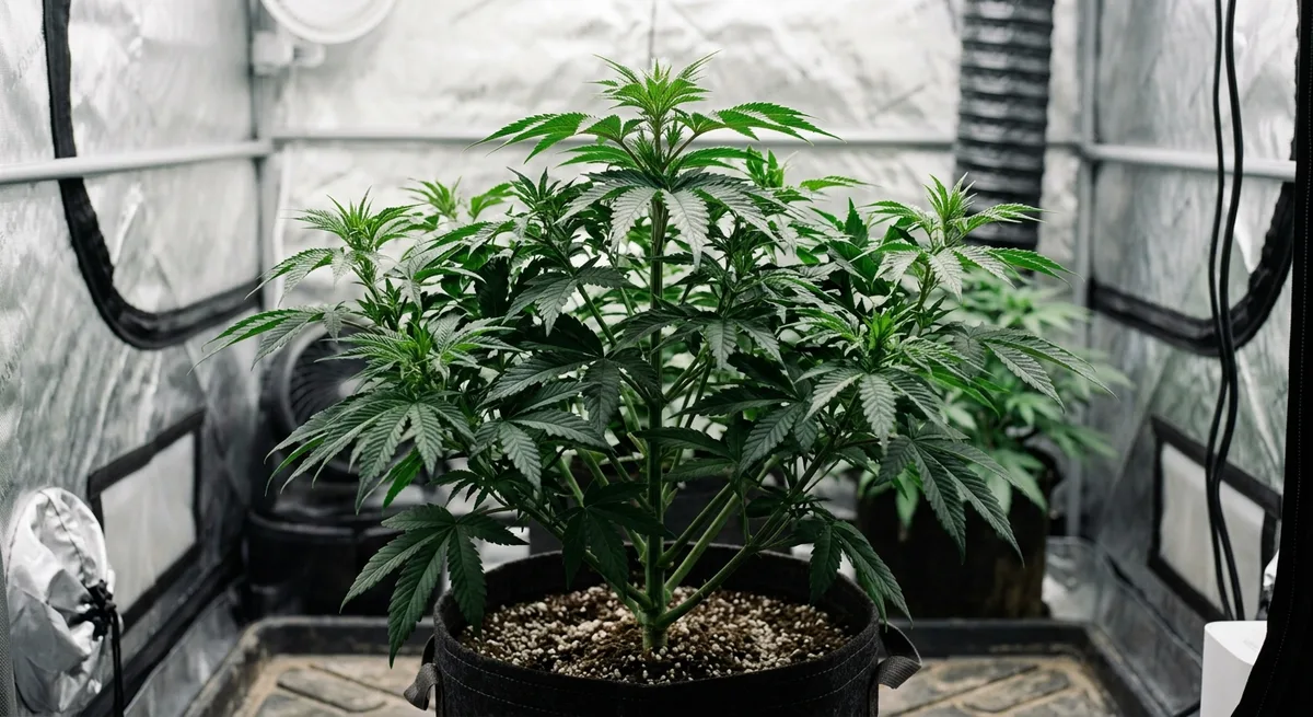 Kräftige Cannabis-Mutterpflanze in der vegetativen Phase mit mehreren seitlichen Trieben unter LED-Licht