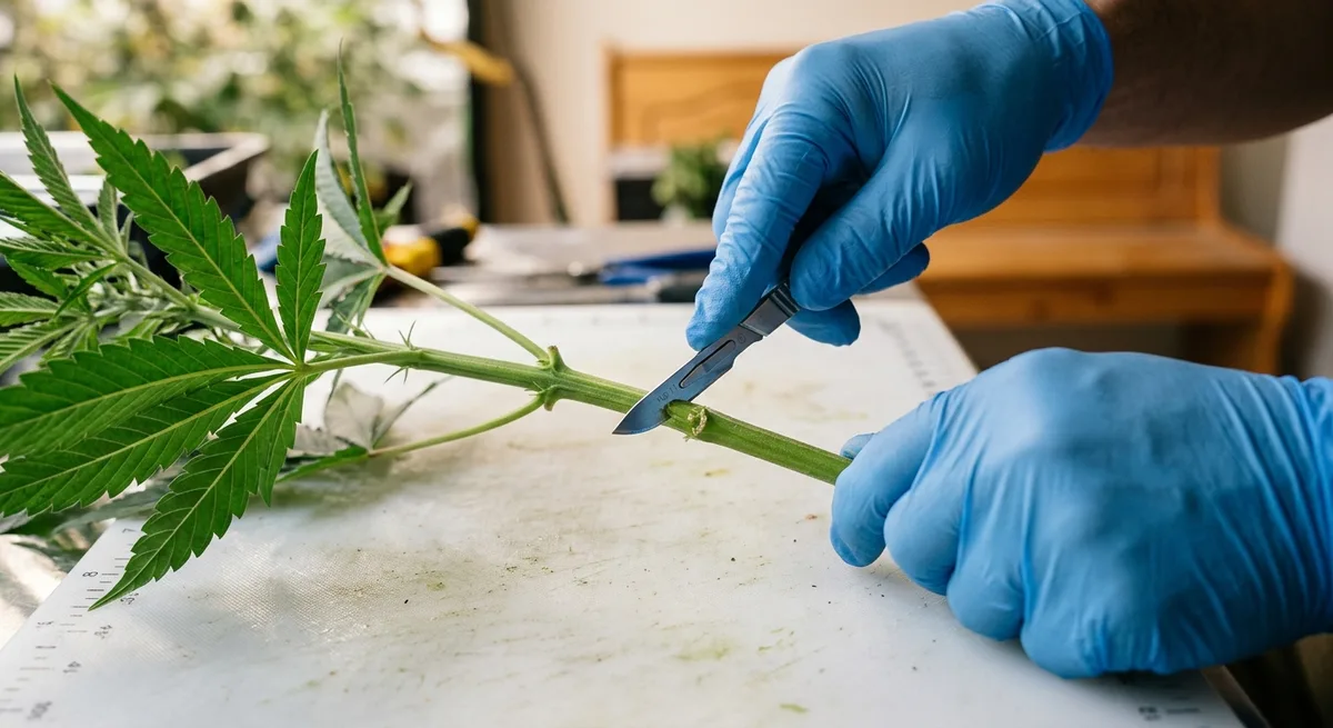 Behandschuhte Hand schneidet Cannabis-Steckling im 45-Grad-Winkel direkt unter einem Nodium mit einem Skalpell