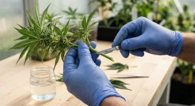 Hände schneiden einen Cannabis-Steckling mit einem Skalpell im 45-Grad-Winkel