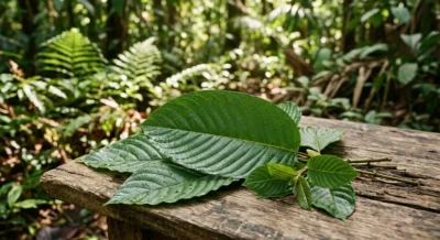 Frische Kratom-Blätter des Mitragyna speciosa Baums mit sichtbaren Blattadern auf einem Holzuntergrund
