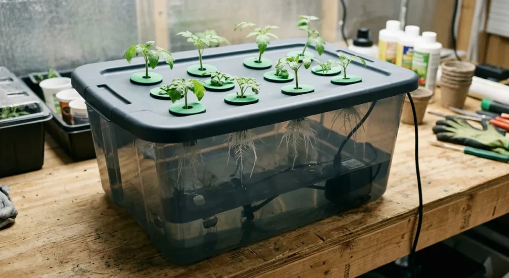 Selbstgebauter Turbo Cloner aus einer dunklen Kunststoffbox mit Stecklingen in Neopreneinsätzen