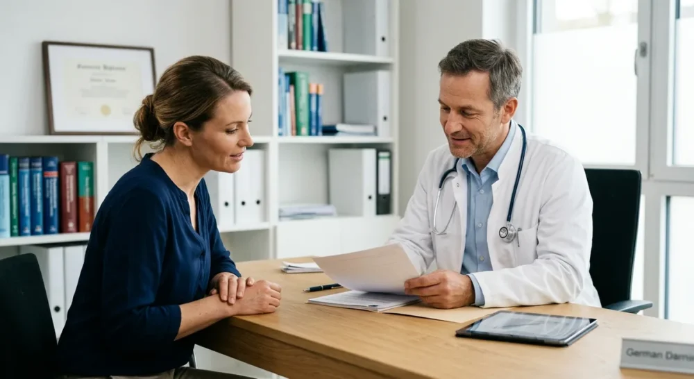 Arzt im weißen Kittel berät Patienten an Schreibtisch in moderner Arztpraxis