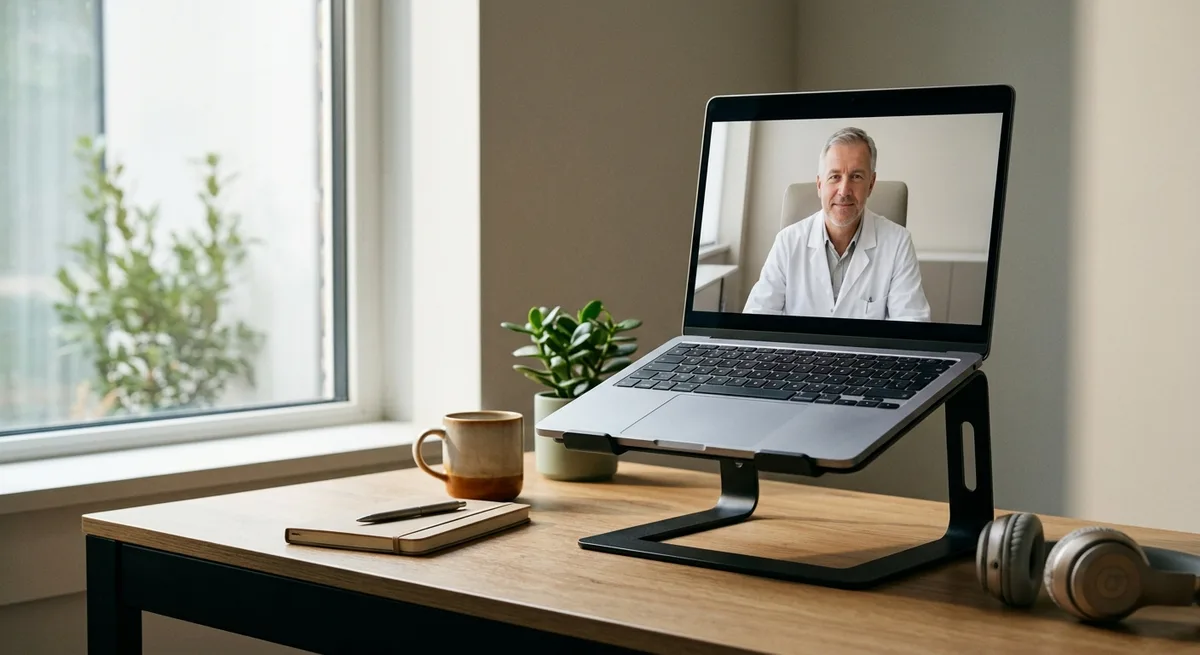 Person sitzt am Schreibtisch zu Hause und führt Videosprechstunde mit Arzt auf Laptop