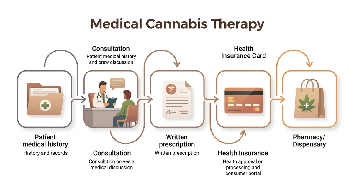 Diagramm mit fünf Prozessschritten als Icons von Akte über Arzt und Rezept bis Apotheke