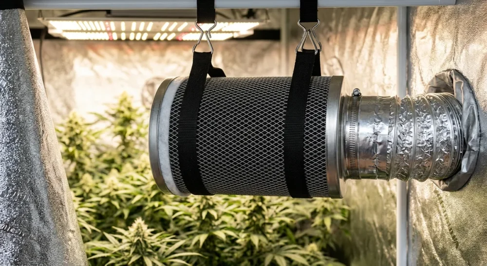 Zylindrischer Aktivkohlefilter mit Metallgitter in einem Growzelt mit silberner Innenwand und Abluftschlauch