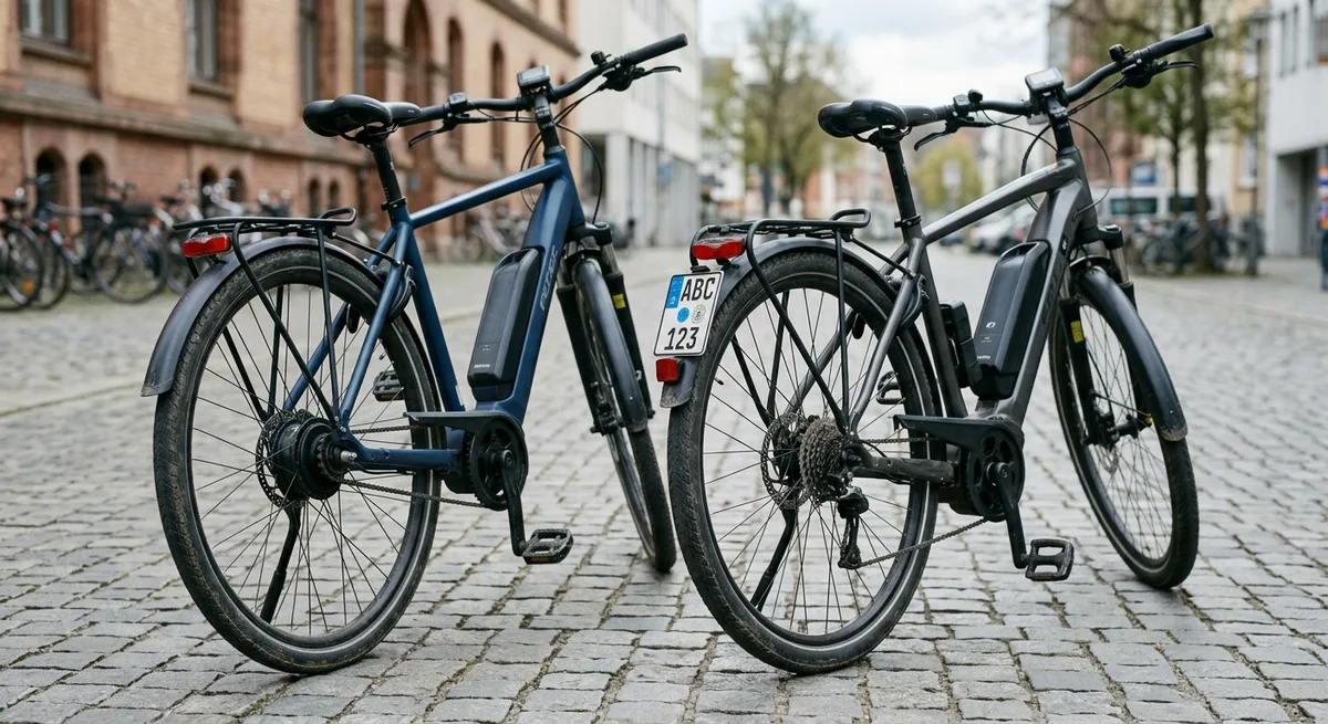 Zwei E-Bikes nebeneinander: ein Pedelec ohne und ein S-Pedelec mit Versicherungskennzeichen