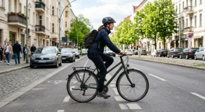 Person faehrt Fahrrad auf einer Stadtstrasse mit Radweg