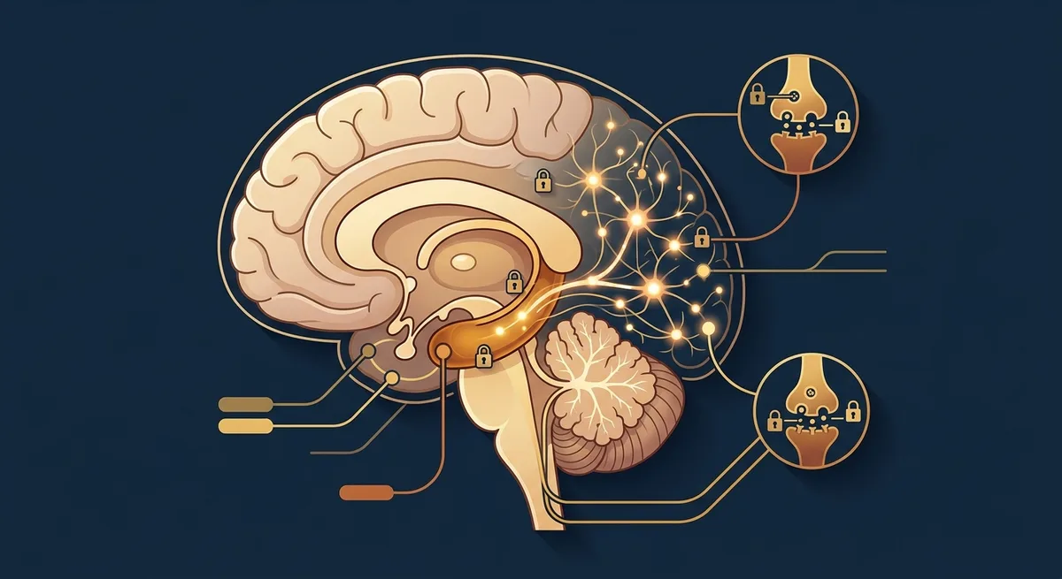 Medizinische Illustration eines Gehirns mit hervorgehobenem Hippocampus und neuronalen Verbindungen