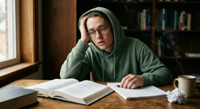 Student am Schreibtisch mit Büchern, wirkt unkonzentriert, leichter Rauch im Hintergrund