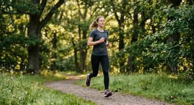 Person in Sportkleidung joggt entspannt durch einen gruenen Park im Morgenlicht
