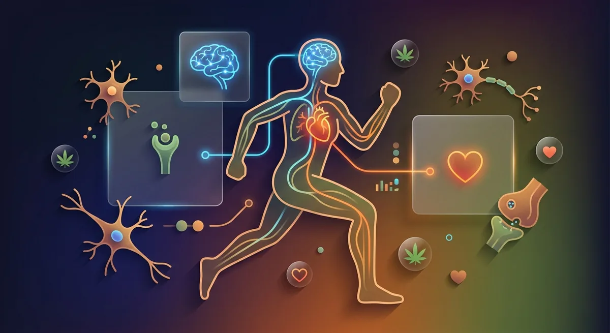 Schematische Illustration eines sportlich aktiven Koerpers mit hervorgehobenen Gehirn- und Herzaktivitaeten