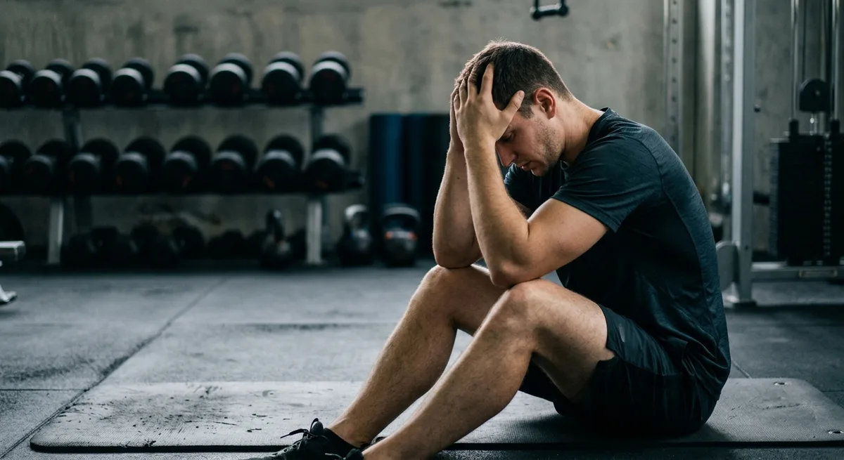 Person sitzt erschoepft auf dem Fitnessstudio-Boden, haelt den Kopf, Hanteln im Hintergrund