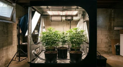 Drei Cannabispflanzen in einem Grow-Zelt im Keller unter LED-Beleuchtung mit Aktivkohlefilter
