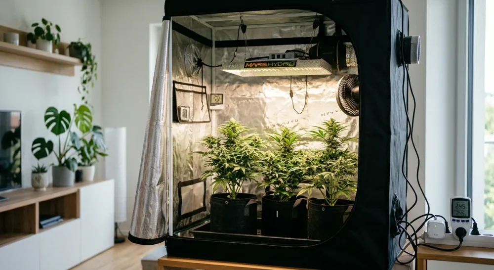 Offenes Growzelt mit drei Cannabispflanzen unter LED-Beleuchtung und sichtbarem Ventilator