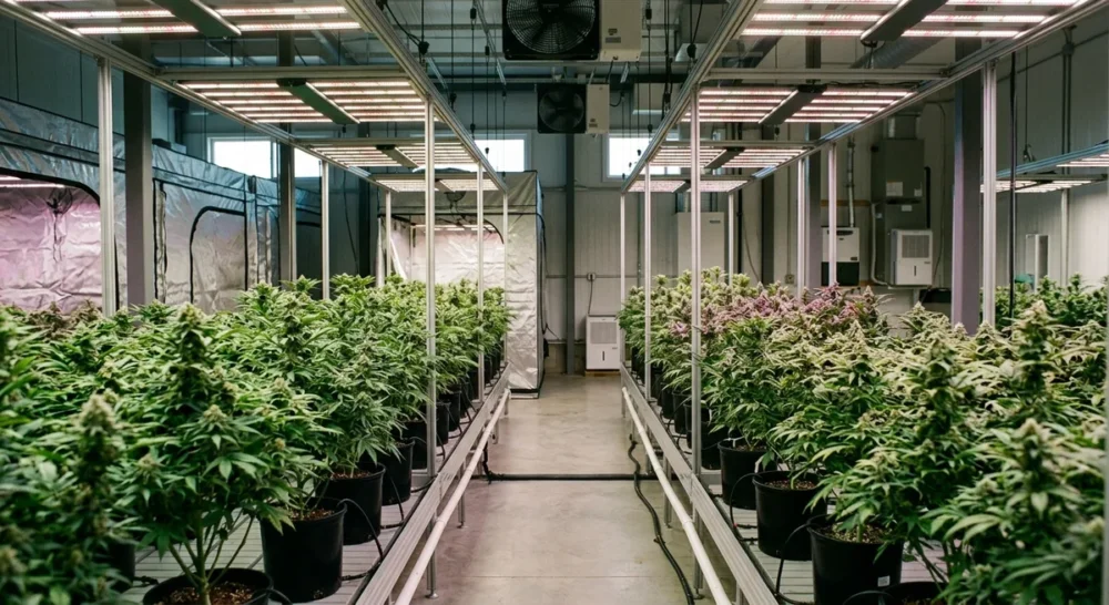 Moderner Indoor-Anbaubereich mit LED-Beleuchtung, Growzelten und Klimatechnik in einem Cannabis Club