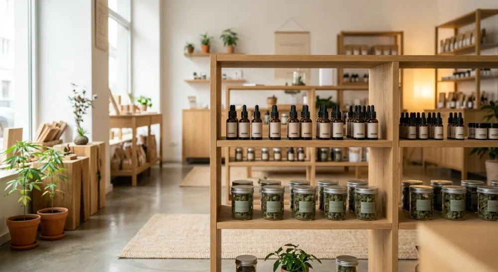 Helles modernes CBD-Ladengeschäft mit Holzregalen voller Hanfprodukte und grüner Dekoration